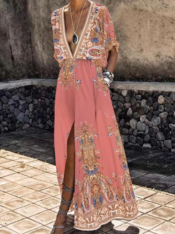 Printed Short Sleeve V-Neck Slit Dress - Maxi Dresses - INS | Online Fashion Free Shipping Clothing, Dresses, Tops, Shoes - 15/06/2021 - Category_Maxi Dresses - Color_Black