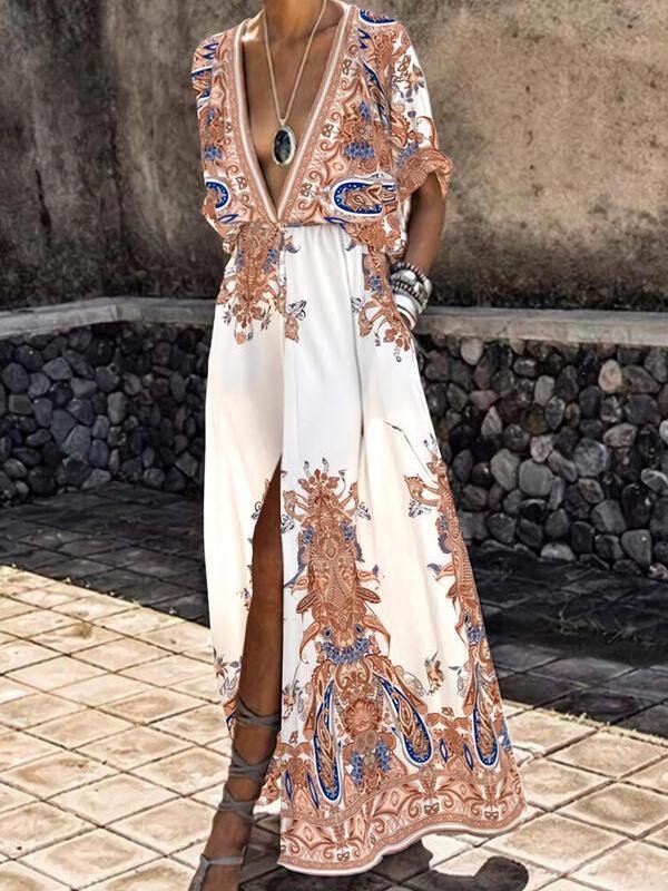 Printed Short Sleeve V-Neck Slit Dress - Maxi Dresses - INS | Online Fashion Free Shipping Clothing, Dresses, Tops, Shoes - 15/06/2021 - Category_Maxi Dresses - Color_Black