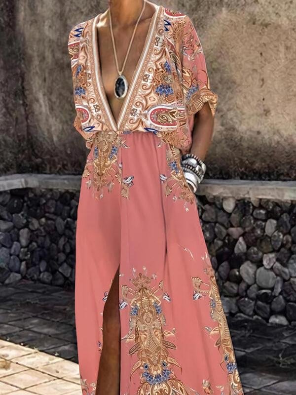 Printed Short Sleeve V-Neck Slit Dress - Maxi Dresses - INS | Online Fashion Free Shipping Clothing, Dresses, Tops, Shoes - 15/06/2021 - Category_Maxi Dresses - Color_Black