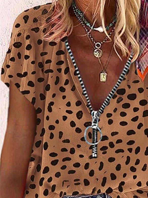 Printed Short Sleeve V-neck Zipper Loose T-shirt - T-Shirts - INS | Online Fashion Free Shipping Clothing, Dresses, Tops, Shoes - 05/06/2021 - Category_T-Shirts - Color_Camouflage