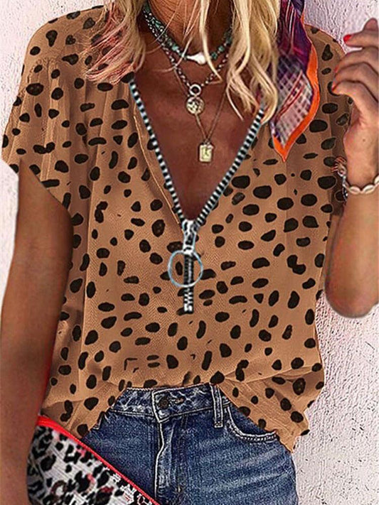 Printed Short Sleeve V-neck Zipper Loose T-shirt - T-Shirts - INS | Online Fashion Free Shipping Clothing, Dresses, Tops, Shoes - 05/06/2021 - Category_T-Shirts - Color_Camouflage