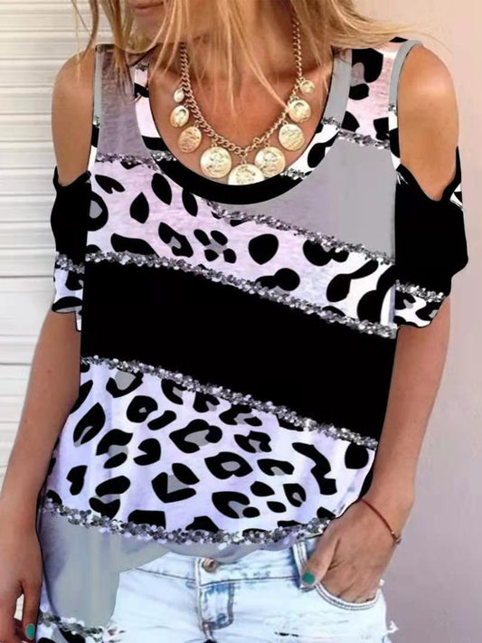 Printed Short-sleeved Off Shoulder Casual T-shirt - T-shirts - INS | Online Fashion Free Shipping Clothing, Dresses, Tops, Shoes - 05/07/2021 - 10-20 - color-black-leopard