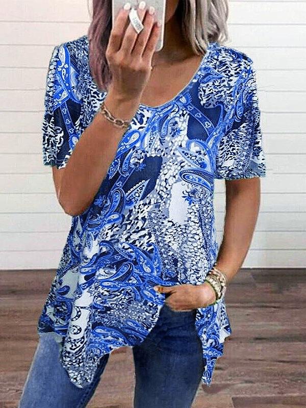 Printed Short-sleeved V-neck Irregular T-shirt - T-shirts - INS | Online Fashion Free Shipping Clothing, Dresses, Tops, Shoes - 09/06/2021 - Color_Blue - Color_Gray