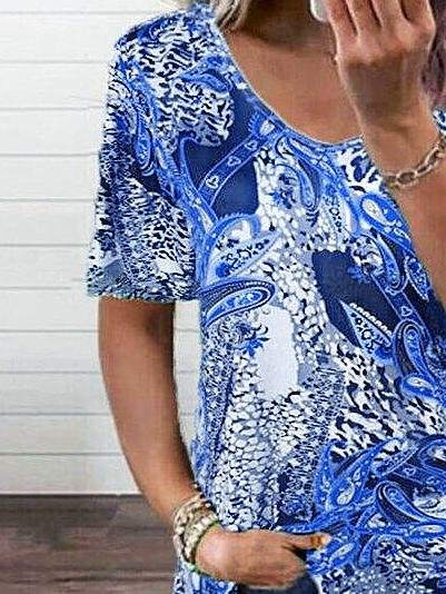 Printed Short-sleeved V-neck Irregular T-shirt - T-shirts - INS | Online Fashion Free Shipping Clothing, Dresses, Tops, Shoes - 09/06/2021 - Color_Blue - Color_Gray