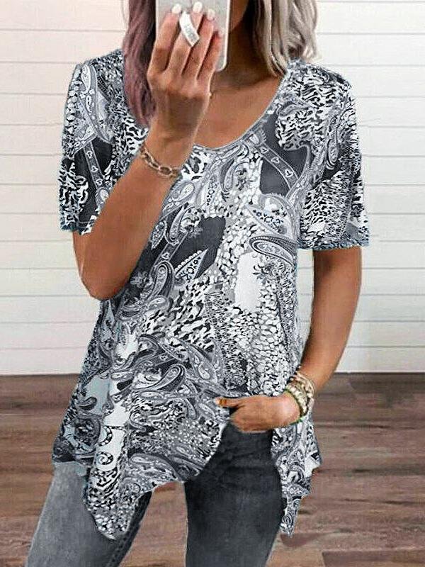 Printed Short-sleeved V-neck Irregular T-shirt - T-shirts - INS | Online Fashion Free Shipping Clothing, Dresses, Tops, Shoes - 09/06/2021 - Color_Blue - Color_Gray