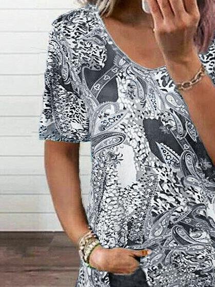 Printed Short-sleeved V-neck Irregular T-shirt - T-shirts - INS | Online Fashion Free Shipping Clothing, Dresses, Tops, Shoes - 09/06/2021 - Color_Blue - Color_Gray