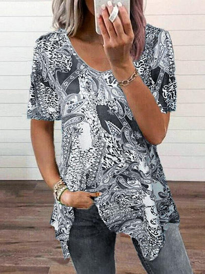 Printed Short-sleeved V-neck Irregular T-shirt - T-shirts - INS | Online Fashion Free Shipping Clothing, Dresses, Tops, Shoes - 09/06/2021 - Color_Blue - Color_Gray