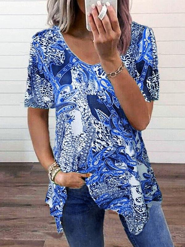 Printed Short-sleeved V-neck Irregular T-shirt - T-shirts - INS | Online Fashion Free Shipping Clothing, Dresses, Tops, Shoes - 09/06/2021 - Color_Blue - Color_Gray