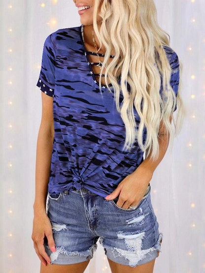 Printed Short-sleeved V-neck Strapped Top - T-shirts - INS | Online Fashion Free Shipping Clothing, Dresses, Tops, Shoes - 02/07/2021 - 10-20 - color-blue