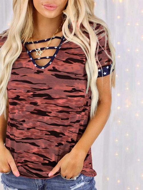 Printed Short-sleeved V-neck Strapped Top - T-shirts - INS | Online Fashion Free Shipping Clothing, Dresses, Tops, Shoes - 02/07/2021 - 10-20 - color-blue