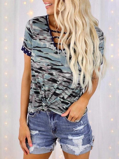 Printed Short-sleeved V-neck Strapped Top - T-shirts - INS | Online Fashion Free Shipping Clothing, Dresses, Tops, Shoes - 02/07/2021 - 10-20 - color-blue