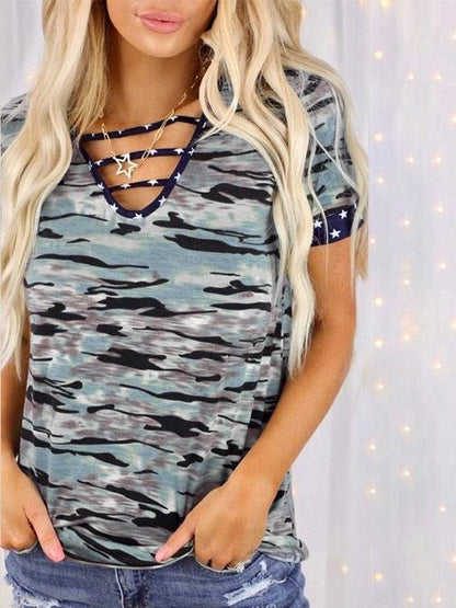 Printed Short-sleeved V-neck Strapped Top - T-shirts - INS | Online Fashion Free Shipping Clothing, Dresses, Tops, Shoes - 02/07/2021 - 10-20 - color-blue