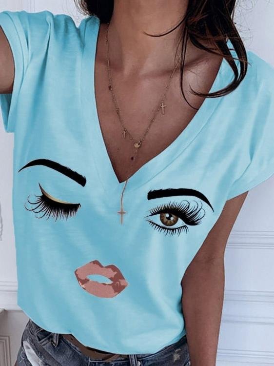Printed Simple V-neck All-match T-shirt - T-shirts - INS | Online Fashion Free Shipping Clothing, Dresses, Tops, Shoes - 10-20 - 19/06/2021 - color-light-white