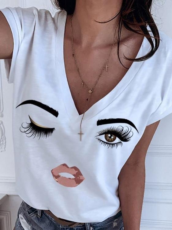 Printed Simple V-neck All-match T-shirt - T-shirts - INS | Online Fashion Free Shipping Clothing, Dresses, Tops, Shoes - 10-20 - 19/06/2021 - color-light-white