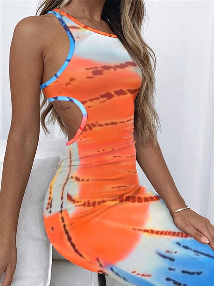 Printed Sleeveless Hollow Tight Dress - Midi Dresses - INS | Online Fashion Free Shipping Clothing, Dresses, Tops, Shoes - 08/07/2021 - 10-20 - Category_Midi Dresses