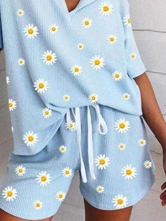 Printed Small Daisy Short Sleeve Casual Two Pieces Set - Sets - INS | Online Fashion Free Shipping Clothing, Dresses, Tops, Shoes - 11/06/2021 - Bottom - Category_Sets