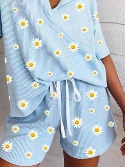 Printed Small Daisy Short Sleeve Casual Two Pieces Set - Sets - INS | Online Fashion Free Shipping Clothing, Dresses, Tops, Shoes - 11/06/2021 - Bottom - Category_Sets