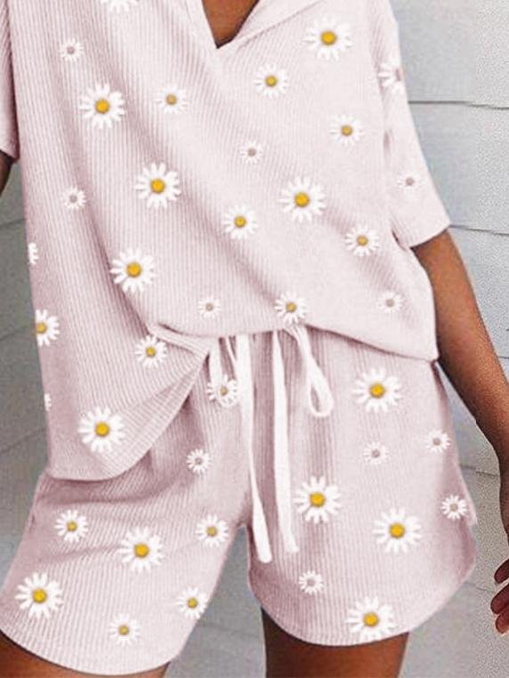 Printed Small Daisy Short Sleeve Casual Two Pieces Set - Sets - INS | Online Fashion Free Shipping Clothing, Dresses, Tops, Shoes - 11/06/2021 - Bottom - Category_Sets