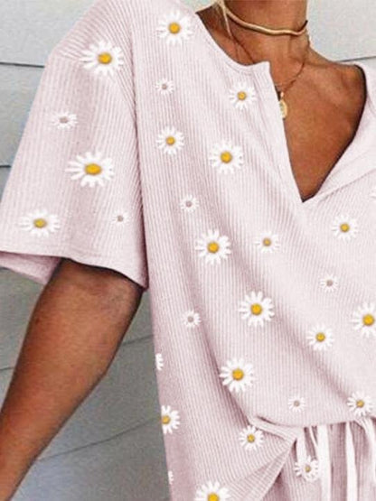 Printed Small Daisy Short Sleeve Casual Two Pieces Set - Sets - INS | Online Fashion Free Shipping Clothing, Dresses, Tops, Shoes - 11/06/2021 - Bottom - Category_Sets