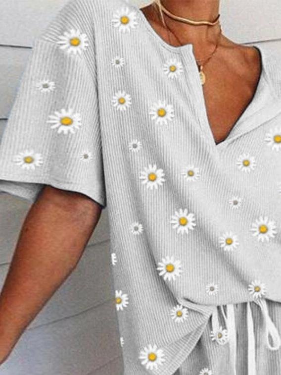 Printed Small Daisy Short Sleeve Casual Two Pieces Set - Sets - INS | Online Fashion Free Shipping Clothing, Dresses, Tops, Shoes - 11/06/2021 - Bottom - Category_Sets