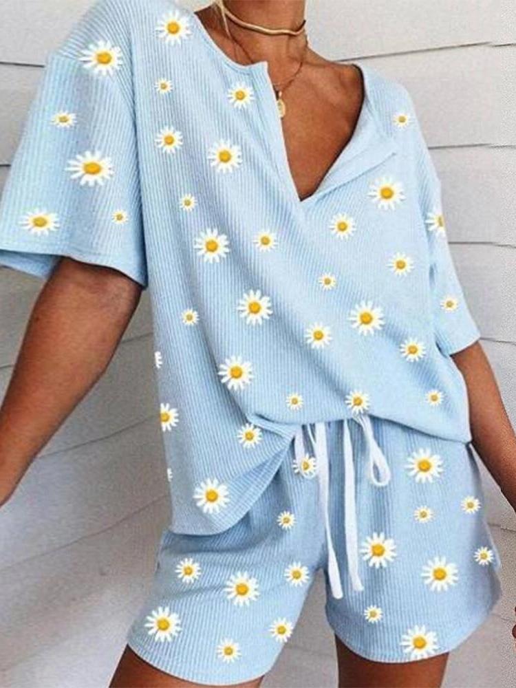 Printed Small Daisy Short Sleeve Casual Two Pieces Set - Sets - INS | Online Fashion Free Shipping Clothing, Dresses, Tops, Shoes - 11/06/2021 - Bottom - Category_Sets