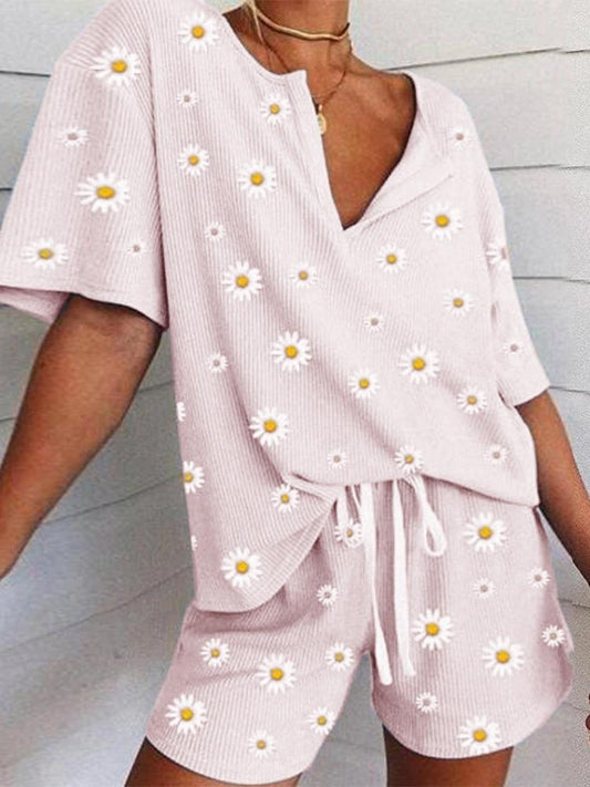 Printed Small Daisy Short Sleeve Casual Two Pieces Set - Sets - INS | Online Fashion Free Shipping Clothing, Dresses, Tops, Shoes - 11/06/2021 - Bottom - Category_Sets