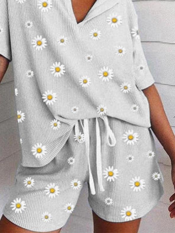 Printed Small Daisy Short Sleeve Casual Two Pieces Set - Sets - INS | Online Fashion Free Shipping Clothing, Dresses, Tops, Shoes - 11/06/2021 - Bottom - Category_Sets