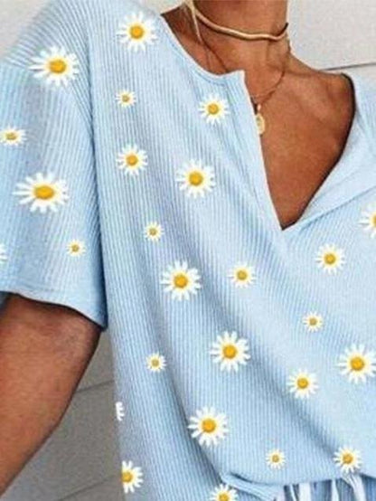 Printed Small Daisy Short Sleeve Casual Two Pieces Set - Sets - INS | Online Fashion Free Shipping Clothing, Dresses, Tops, Shoes - 11/06/2021 - Bottom - Category_Sets