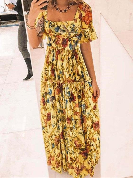 Printed Square Neck Short Sleeve Boho Dress - Maxi Dresses - INS | Online Fashion Free Shipping Clothing, Dresses, Tops, Shoes - 01/07/2021 - 30-40 - Category_Maxi Dresses