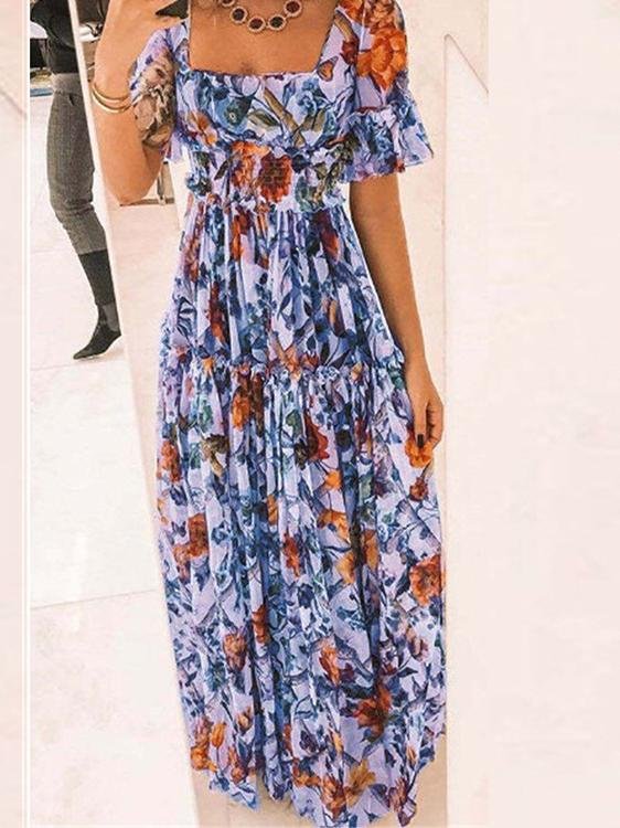 Printed Square Neck Short Sleeve Boho Dress - Maxi Dresses - INS | Online Fashion Free Shipping Clothing, Dresses, Tops, Shoes - 01/07/2021 - 30-40 - Category_Maxi Dresses