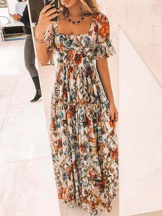 Printed Square Neck Short Sleeve Boho Dress - Maxi Dresses - INS | Online Fashion Free Shipping Clothing, Dresses, Tops, Shoes - 01/07/2021 - 30-40 - Category_Maxi Dresses