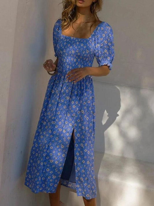 Printed Square Neck Split Hem Dress - Midi Dresses - INS | Online Fashion Free Shipping Clothing, Dresses, Tops, Shoes - 20-30 - 25/06/2021 - color-blue