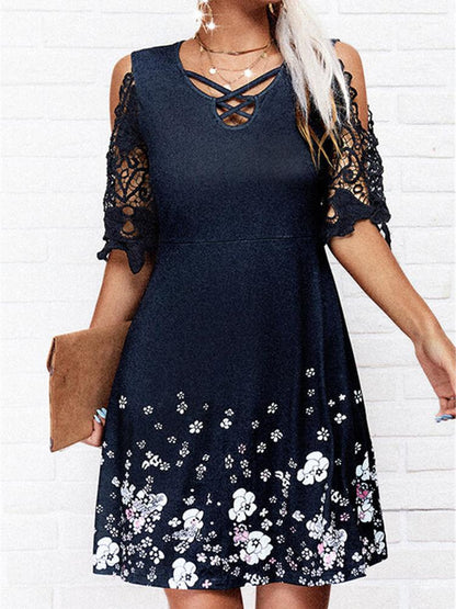 Printed Strapless Lace Sleeves A-line Knee-length Casual Dress - Mini Dresses - INS | Online Fashion Free Shipping Clothing, Dresses, Tops, Shoes - 20-30 - 26/07/2021 - color-blue