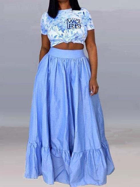 Printed T-shirt Long Skirt Set - Two-piece Outfits - INS | Online Fashion Free Shipping Clothing, Dresses, Tops, Shoes - 15/03/2021 - 2XL - Blue