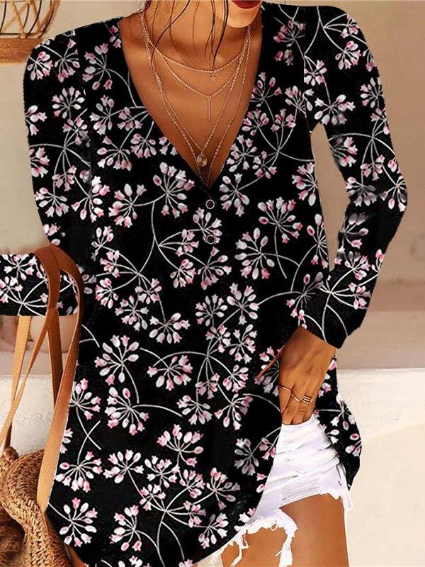 Printed V-neck Button Long-sleeved T-shirt - T-shirts - INS | Online Fashion Free Shipping Clothing, Dresses, Tops, Shoes - 10-20 - 23/07/2021 - color-black