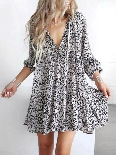 Printed V-Neck Loose Long Sleeve Dress - Mini Dresses - INS | Online Fashion Free Shipping Clothing, Dresses, Tops, Shoes - 20-30 - 27/07/2021 - Category_Mini Dresses