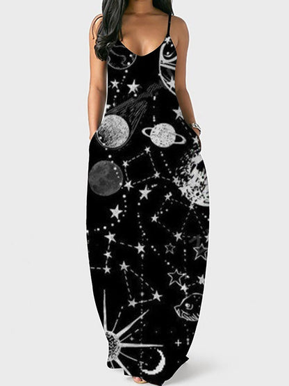 Printed V-neck Loose Strap Dress - Maxi Dresses - INS | Online Fashion Free Shipping Clothing, Dresses, Tops, Shoes - 09/07/2021 - 20-30 - color-black