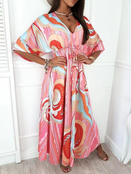 Printed V-neck Mid-sleeve Dress - Maxi Dresses - INS | Online Fashion Free Shipping Clothing, Dresses, Tops, Shoes - 29/06/2021 - 30-40 - color-2xl