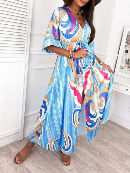 Printed V-neck Mid-sleeve Dress - Maxi Dresses - INS | Online Fashion Free Shipping Clothing, Dresses, Tops, Shoes - 29/06/2021 - 30-40 - color-2xl