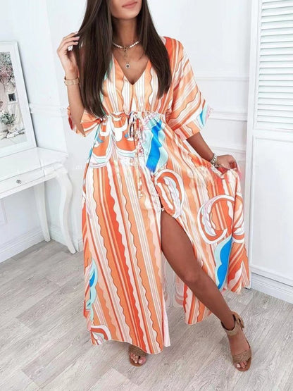 Printed V-neck Mid-sleeve Dress - Maxi Dresses - INS | Online Fashion Free Shipping Clothing, Dresses, Tops, Shoes - 29/06/2021 - 30-40 - color-2xl