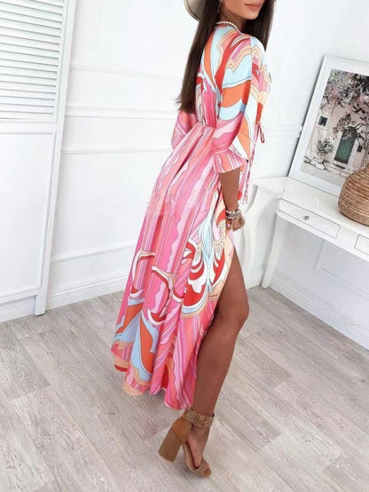 Printed V-neck Mid-sleeve Dress - Maxi Dresses - INS | Online Fashion Free Shipping Clothing, Dresses, Tops, Shoes - 29/06/2021 - 30-40 - color-2xl