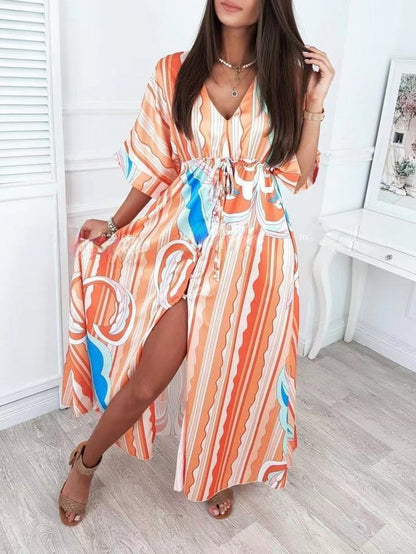 Printed V-neck Mid-sleeve Dress - Maxi Dresses - INS | Online Fashion Free Shipping Clothing, Dresses, Tops, Shoes - 29/06/2021 - 30-40 - color-2xl