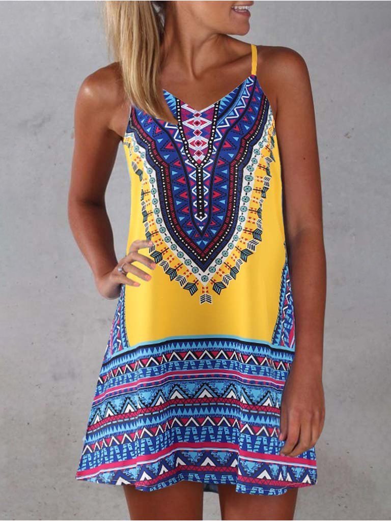 Printed V Neck Sleeveless Suspender Dress - Mini Dresses - INS | Online Fashion Free Shipping Clothing, Dresses, Tops, Shoes - 10-20 - 23/07/2021 - color-blue