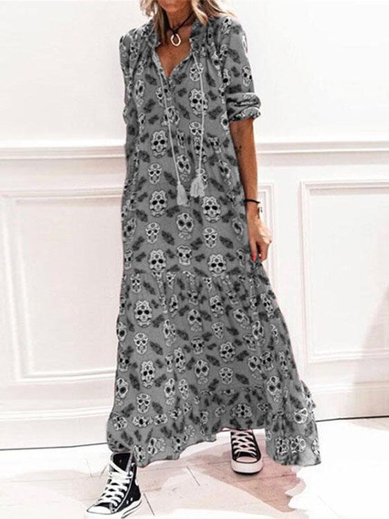 Printed V-Neck Tie Casual Five-Point Sleeve Dress - Maxi Dresses - INS | Online Fashion Free Shipping Clothing, Dresses, Tops, Shoes - 08/07/2021 - 30-40 - Category_Maxi Dresses