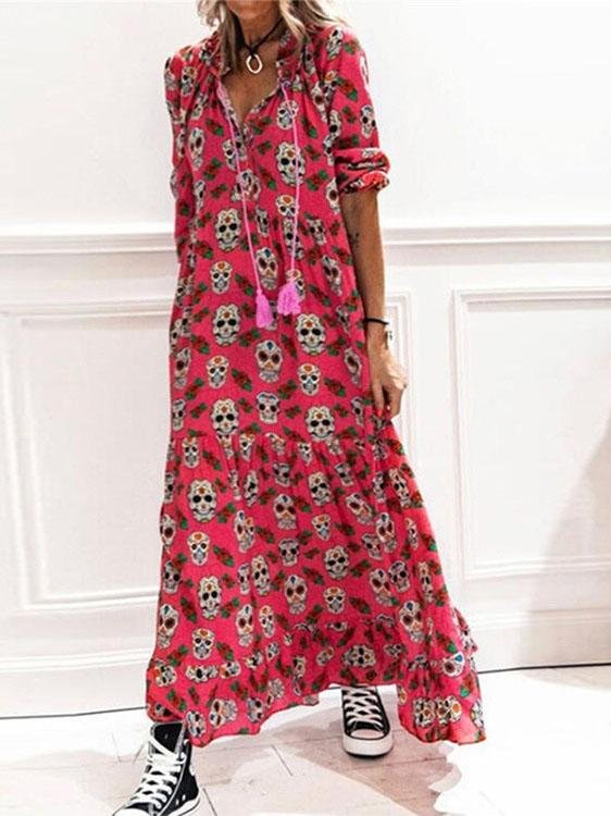 Printed V-Neck Tie Casual Five-Point Sleeve Dress - Maxi Dresses - INS | Online Fashion Free Shipping Clothing, Dresses, Tops, Shoes - 08/07/2021 - 30-40 - Category_Maxi Dresses