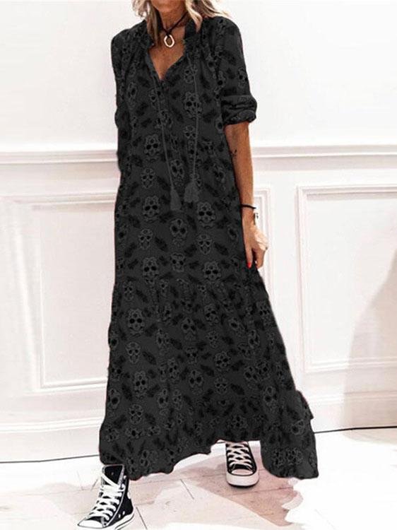 Printed V-Neck Tie Casual Five-Point Sleeve Dress - Maxi Dresses - INS | Online Fashion Free Shipping Clothing, Dresses, Tops, Shoes - 08/07/2021 - 30-40 - Category_Maxi Dresses