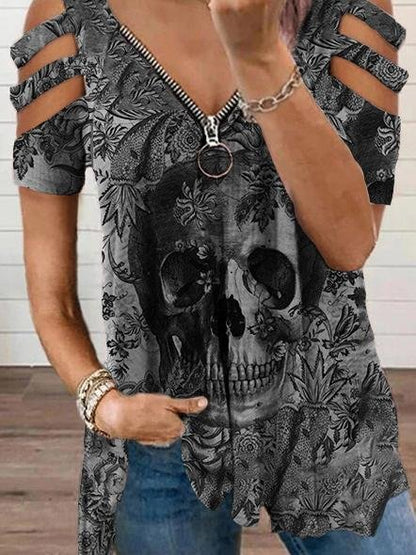 Printed V-neck Zip Off Shoulder Short Sleeve T-shirt - T-Shirts - INS | Online Fashion Free Shipping Clothing, Dresses, Tops, Shoes - 08/06/2021 - Category_T-Shirts - Color_Gray
