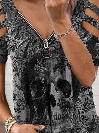 Printed V-neck Zip Off Shoulder Short Sleeve T-shirt - T-Shirts - INS | Online Fashion Free Shipping Clothing, Dresses, Tops, Shoes - 08/06/2021 - Category_T-Shirts - Color_Gray