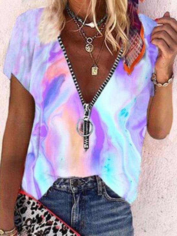 Printed Zipper Loose Short Sleeve T-shirts - T-shirts - INS | Online Fashion Free Shipping Clothing, Dresses, Tops, Shoes - 10-20 - 26/07/2021 - color-blue