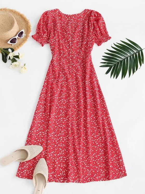 Puff Sleeve Ruched Slit Ditsy Floral Dress - INS | Online Fashion Free Shipping Clothing, Dresses, Tops, Shoes